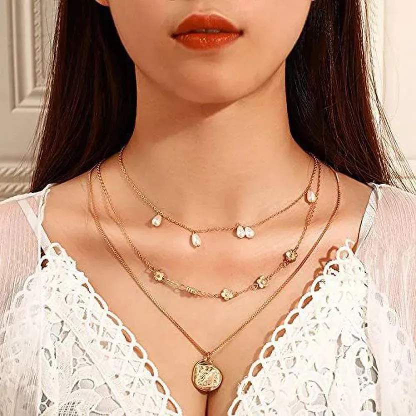 Fashion Multilayer 3 Tier Pendant Gold Plated Long Chain Necklace