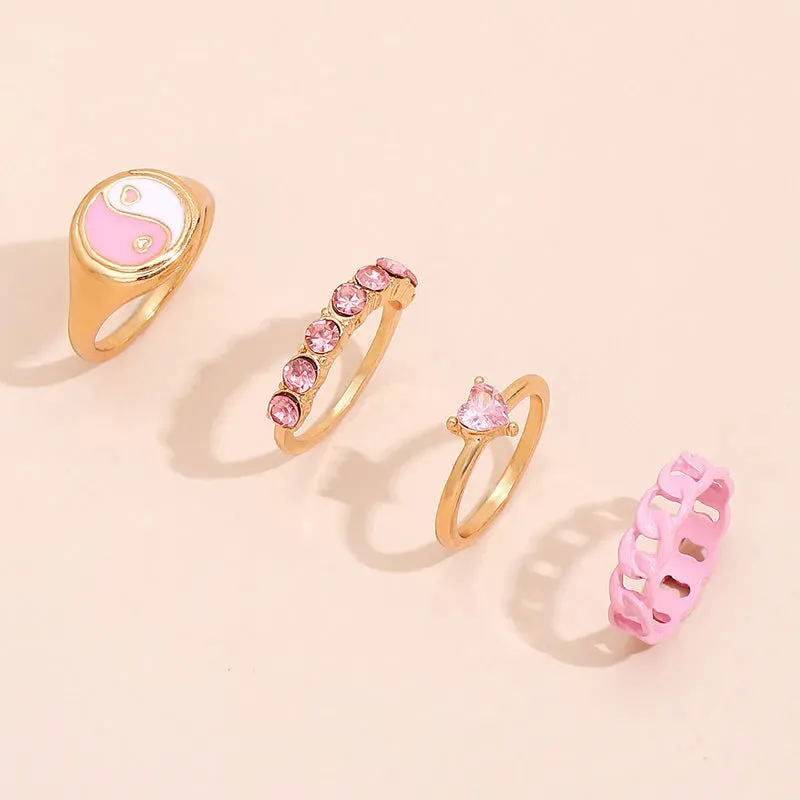 Fashionable Style Gossip Dripping Oil Heart Stone Gold Plated Ring Set - Set Of 4