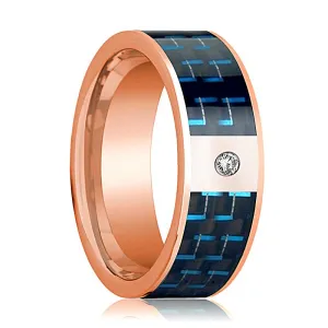 Flat Polished 14k Rose Gold Men's Wedding Band with Diamond and Black & Blue Carbon Fiber Inlay - 8MM