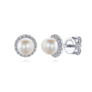 Gabriel & Co. Round Diamond Halo Pearl Stud Earrings