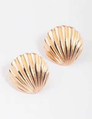 Gold Large Clam Stud Earrings