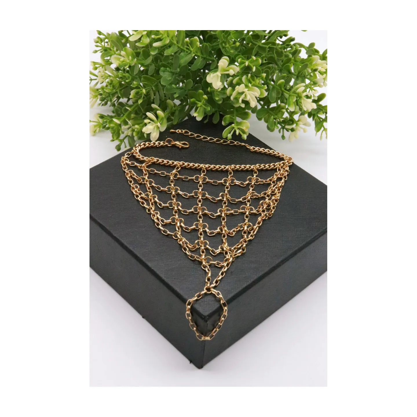 Gold Metal Hand Chain Bracelet Web Net Ring One Size Fits All