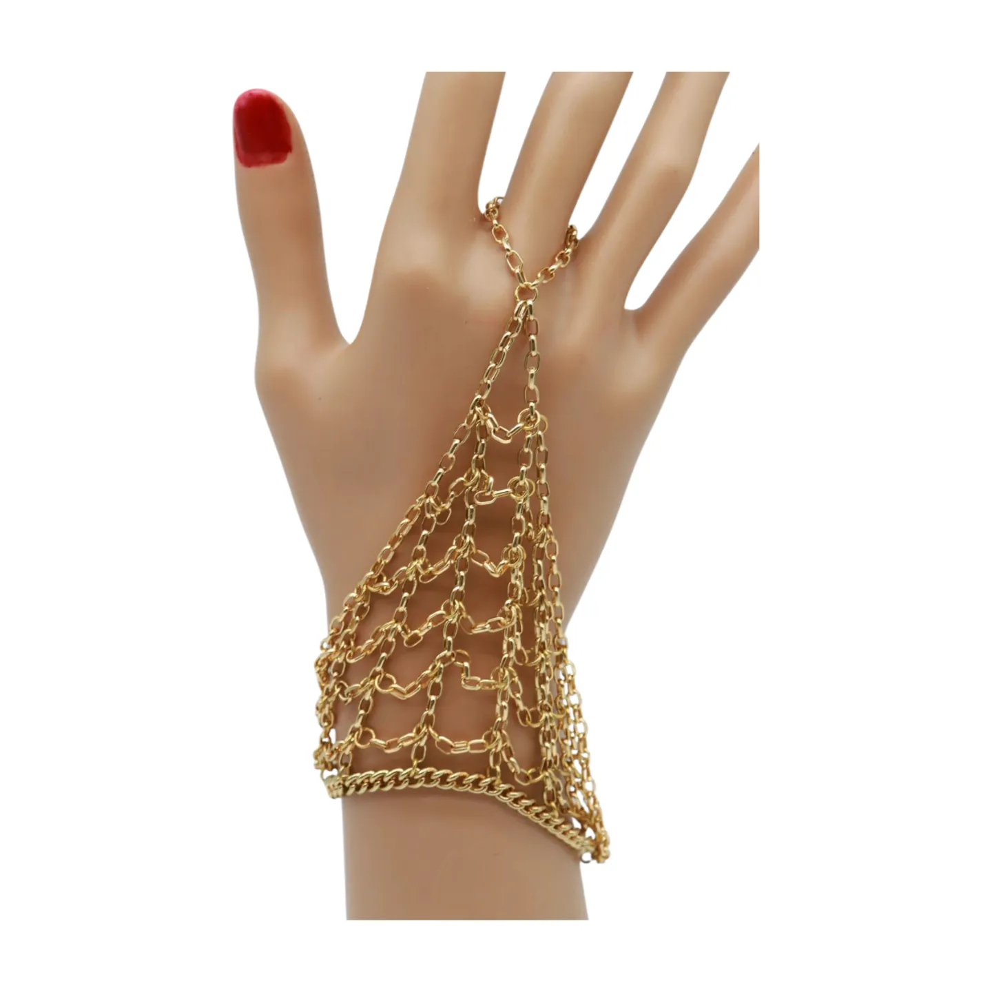 Gold Metal Hand Chain Bracelet Web Net Ring One Size Fits All