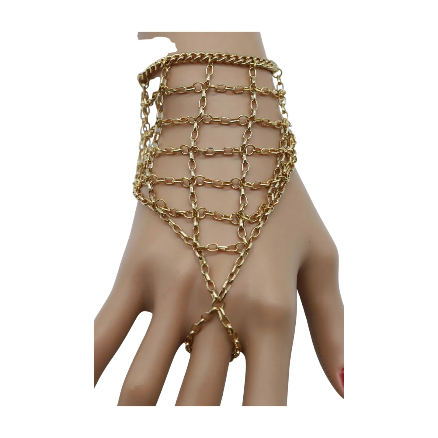 Gold Metal Hand Chain Bracelet Web Net Ring One Size Fits All