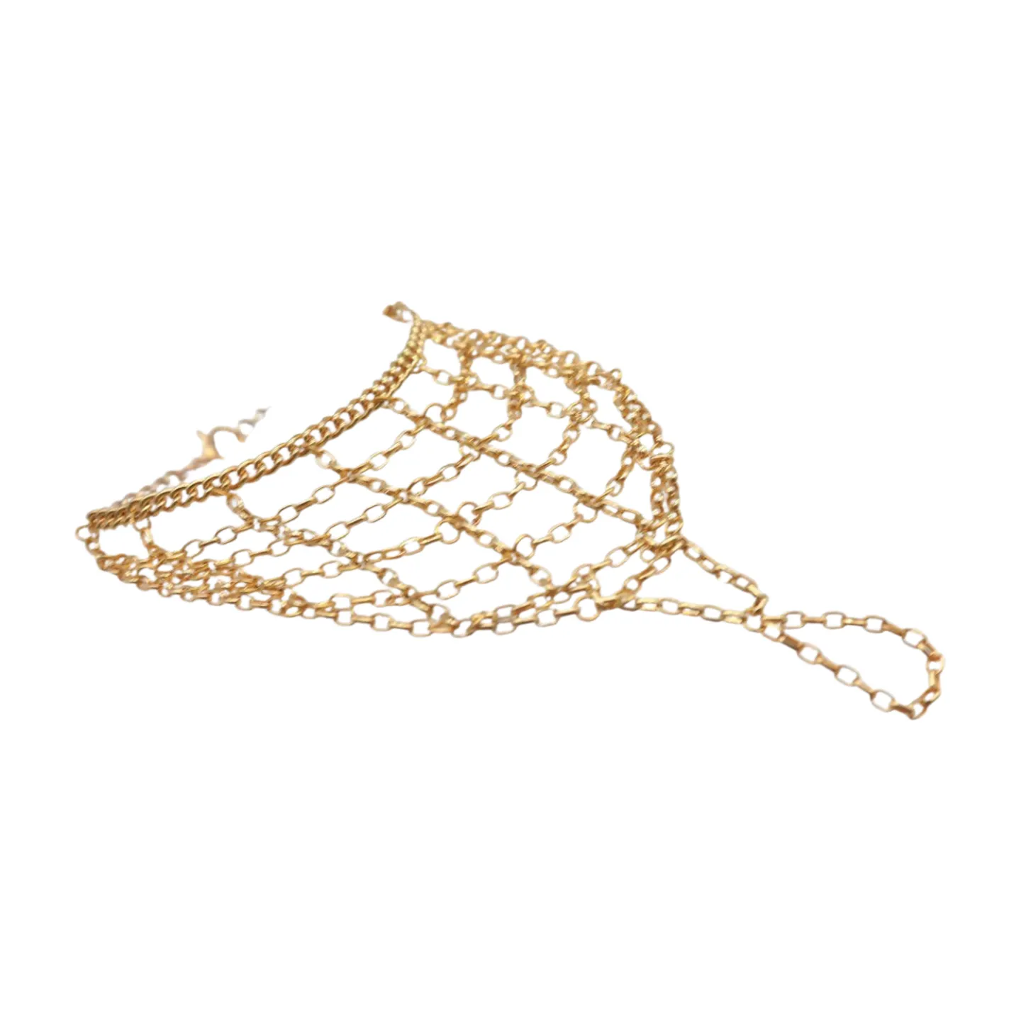 Gold Metal Hand Chain Bracelet Web Net Ring One Size Fits All