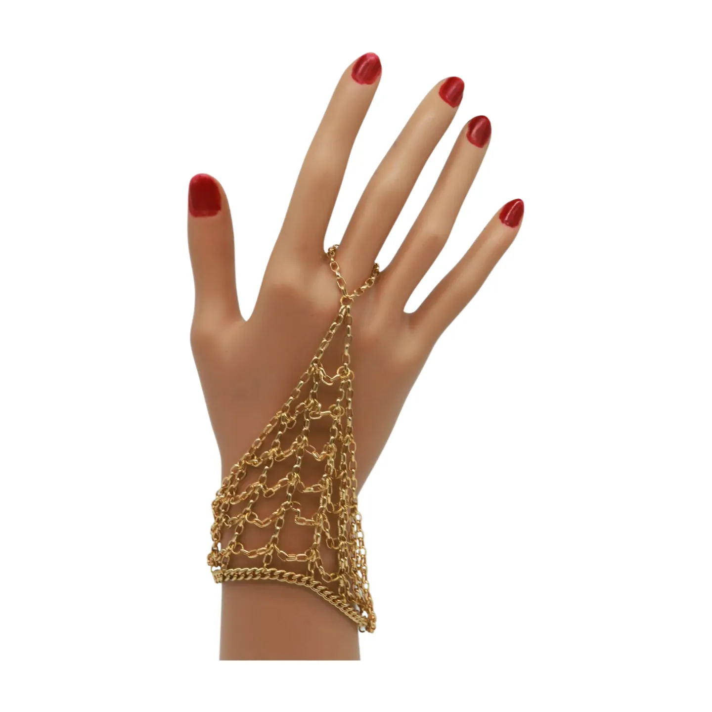 Gold Metal Hand Chain Bracelet Web Net Ring One Size Fits All