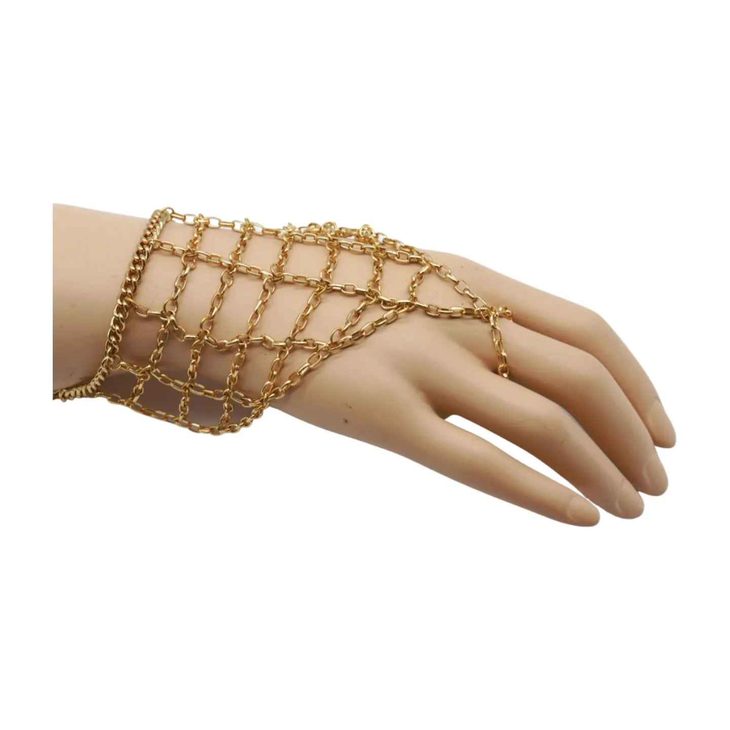 Gold Metal Hand Chain Bracelet Web Net Ring One Size Fits All