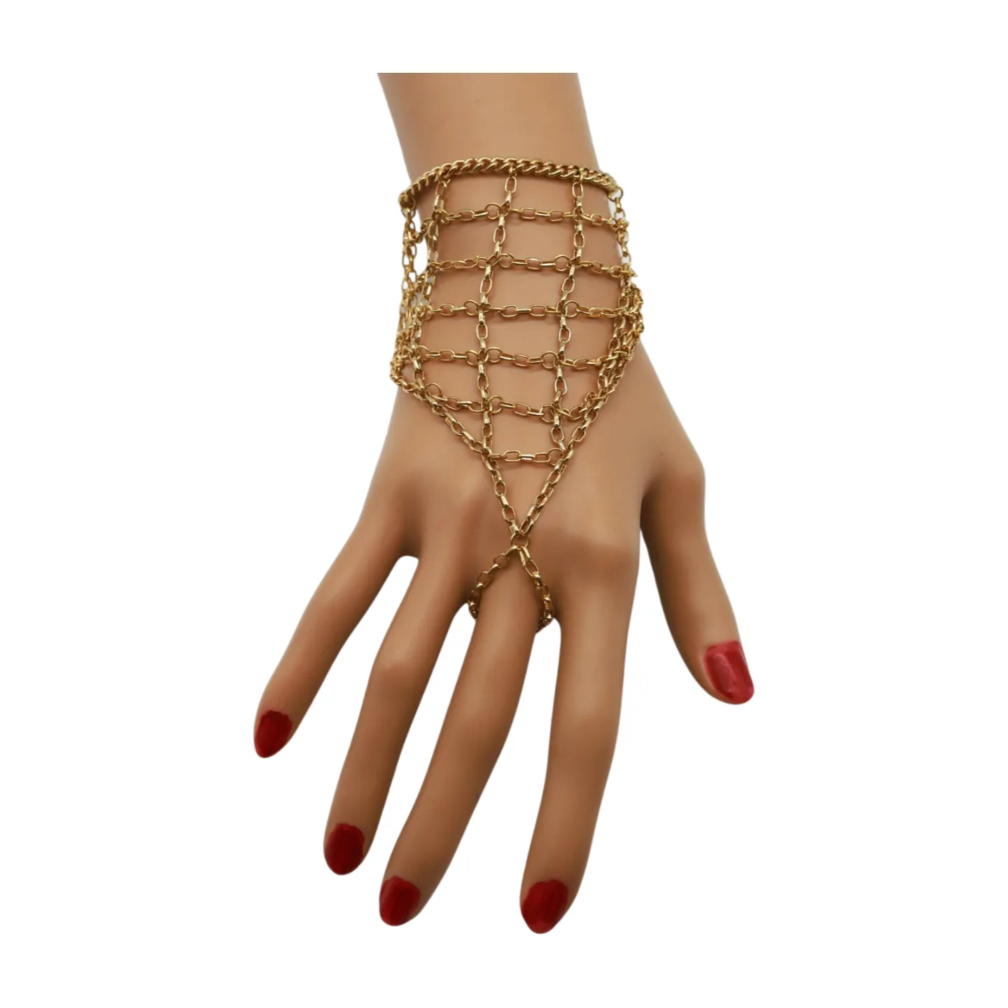 Gold Metal Hand Chain Bracelet Web Net Ring One Size Fits All