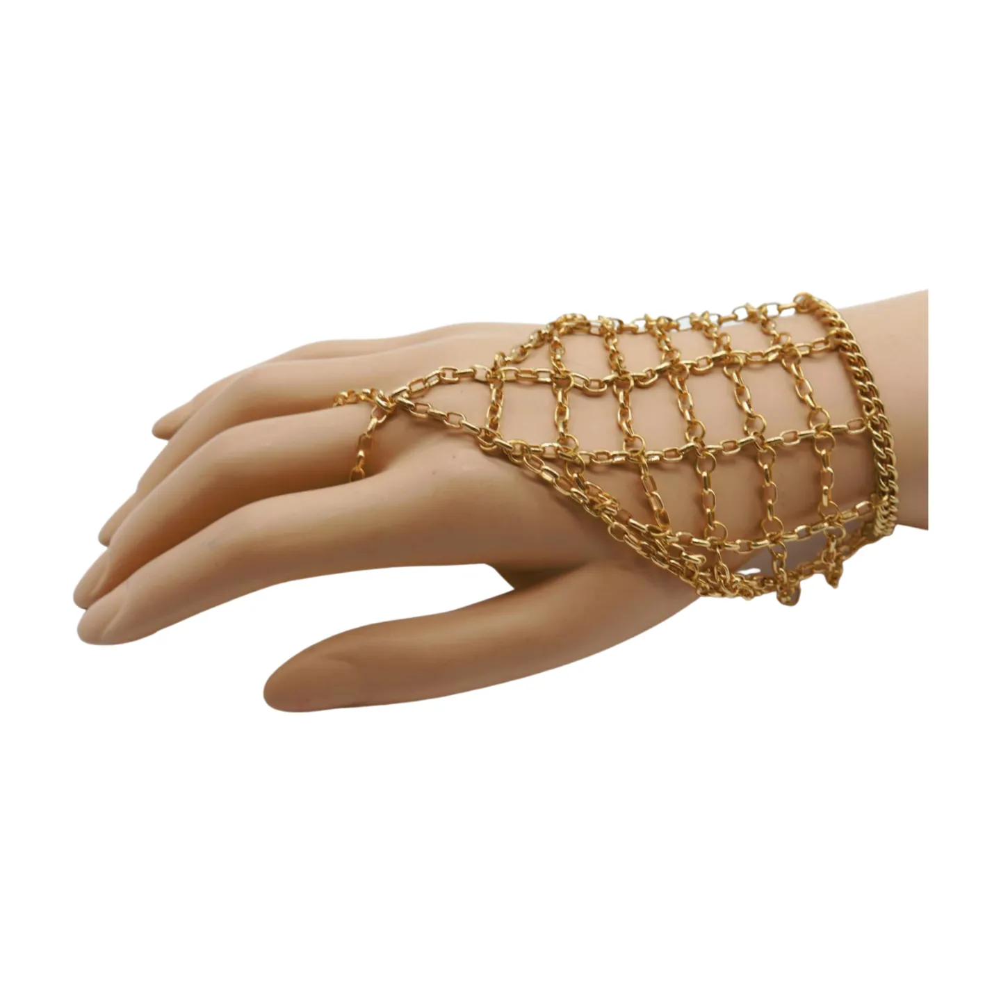 Gold Metal Hand Chain Bracelet Web Net Ring One Size Fits All