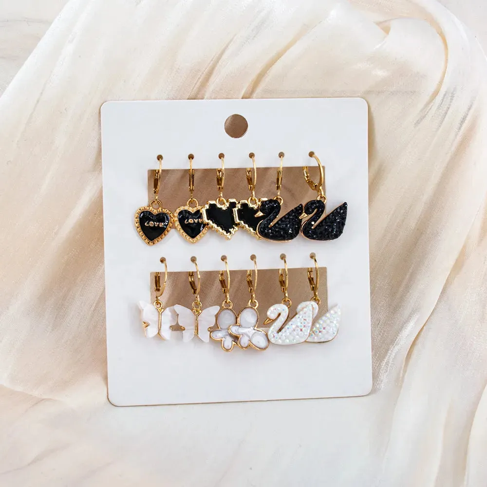 Gold Plated 6 Pair Black & White Duck And Butterfly Décor Earrings Set Aluminum Drops & Danglers - Pair Of 9