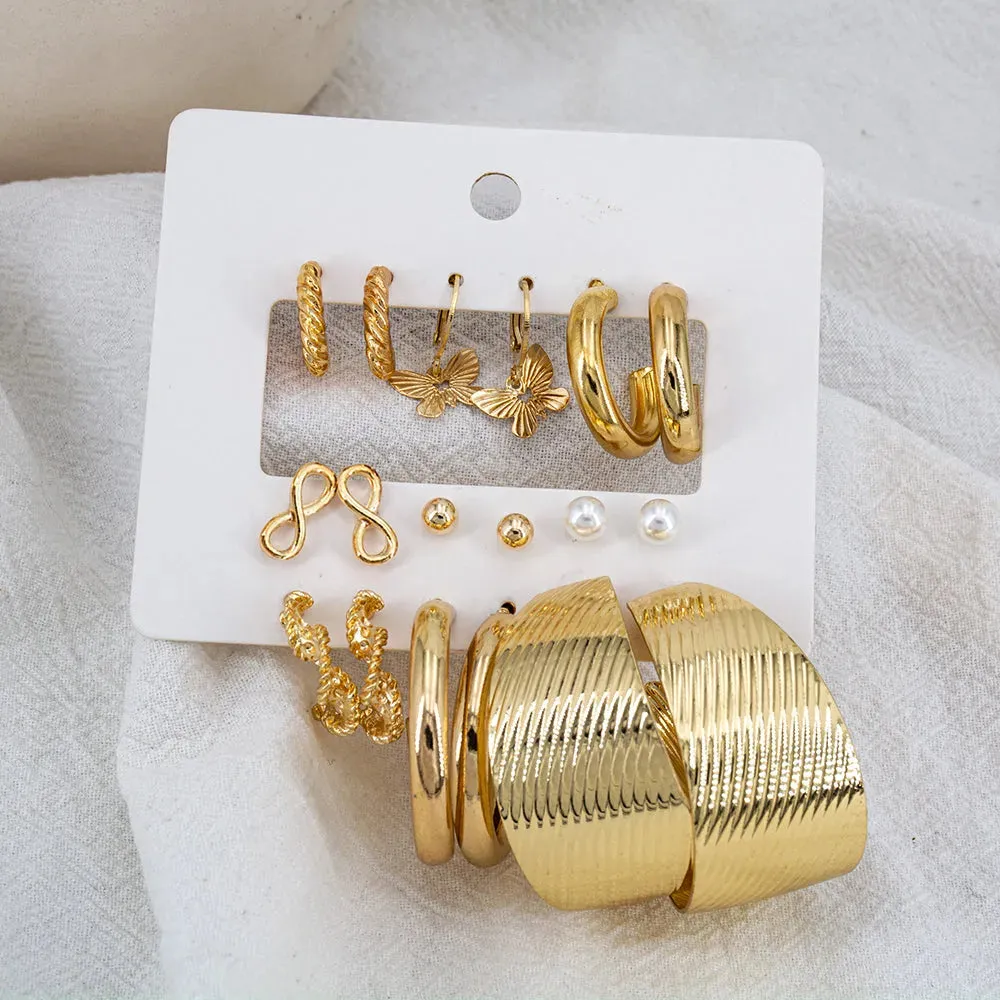 Gold Plated 9Pair Stud & Big Hoop Earrings Set For Women & Girls Aluminum Hoop Earring - Pair Of 9