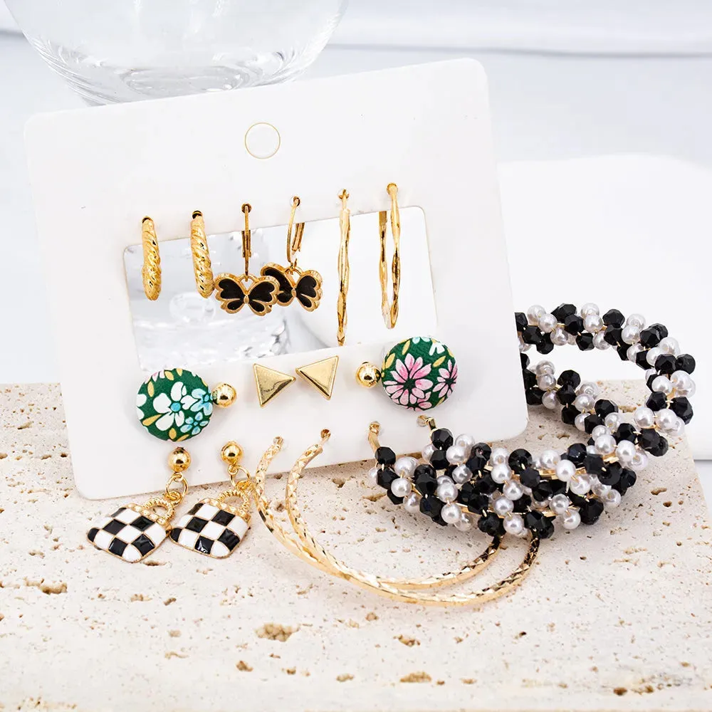 Gold Plated Black And White Pearl Décor Big Hoop And Stud Earrings Set Pearl Alloy Hoop Earring - Pair Of 9