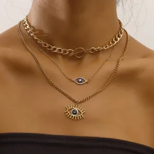 Gold Plated Cubic Zircon Decor Blue Evil Eye Charm Multi-Layered Necklace Alloy Necklace