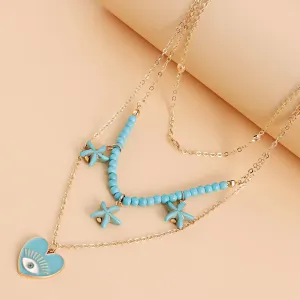 Gold Plated Evil Eye In Heart Beads Star Decor Multilayer Necklace Alloy Necklace