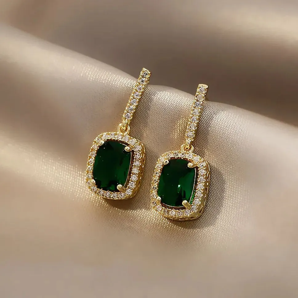 Gold Plated Korean Style Green Stone Decor Drop Earrings For Women & Girls Cubic Zirconia Alloy Drops & Danglers - Pair Of 1