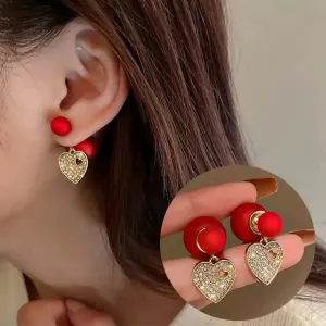 Gold Plated Korean Style Stone Decor Heart And Red Big Pearl Earrings Cubic Zirconia Alloy Drops & Danglers - Pair Of 1