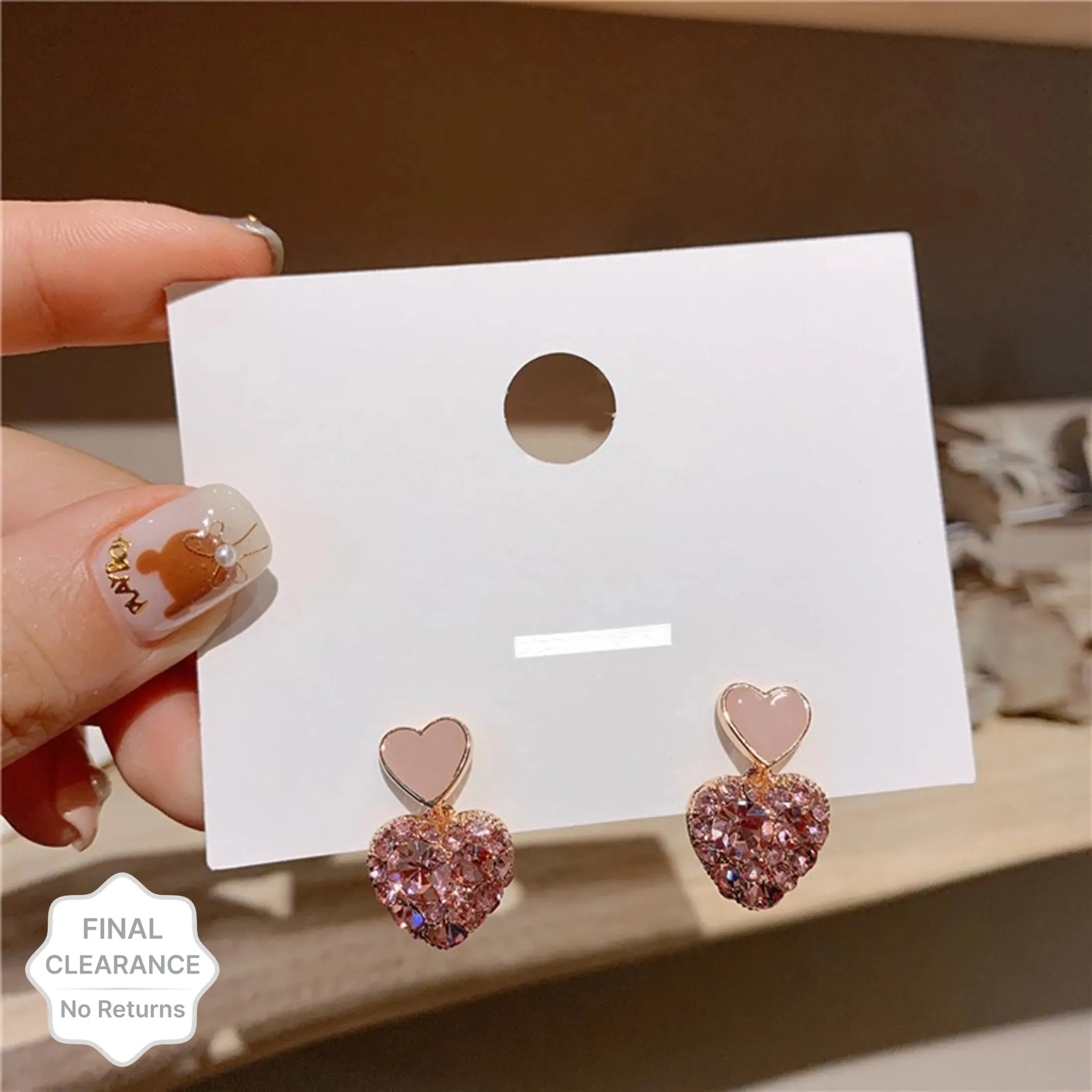 Gold Plated Korean Style Stone Decor Pink Heart Shaped Drope Earrings Cubic Zirconia Alloy Earring Set, Drops & Danglers - Pair Of 1