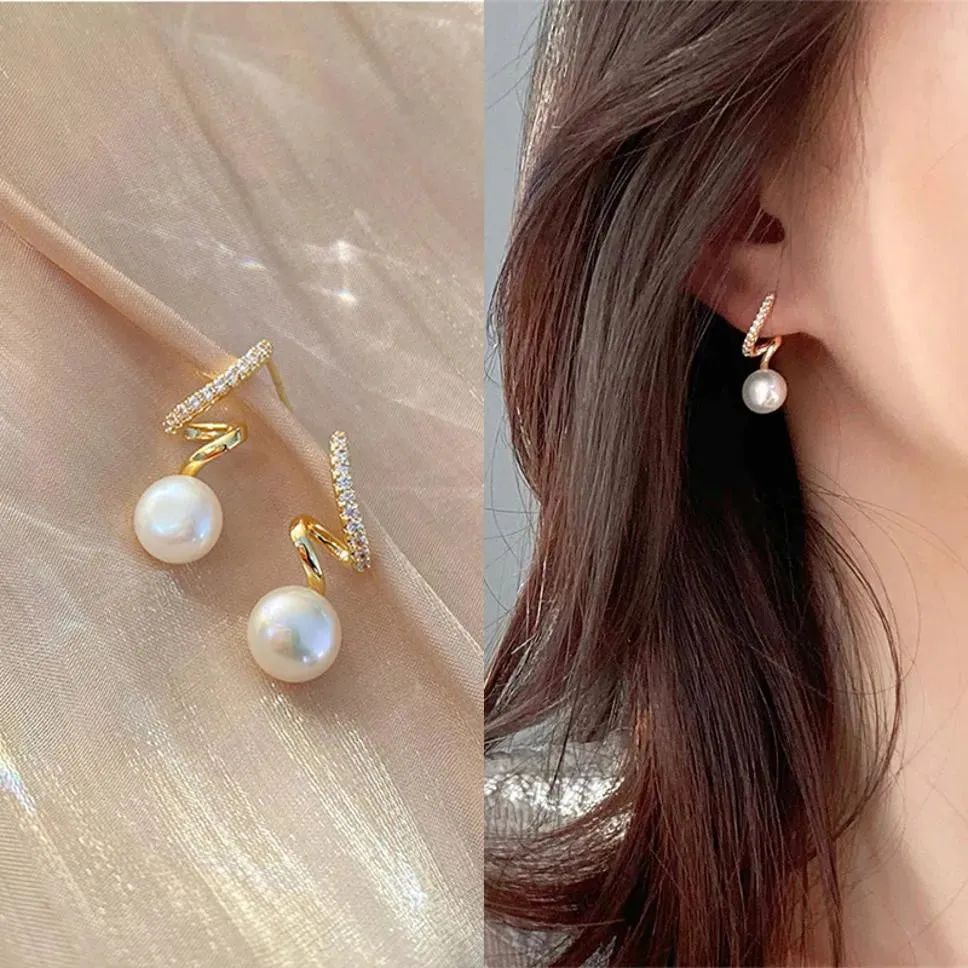 Gold Plated Korean Style Trendy Elegant Created Big Simulated Pearl Lomg Earring Cubic Zirconia Alloy Earring Set, Drops & Danglers - Pair Of 1