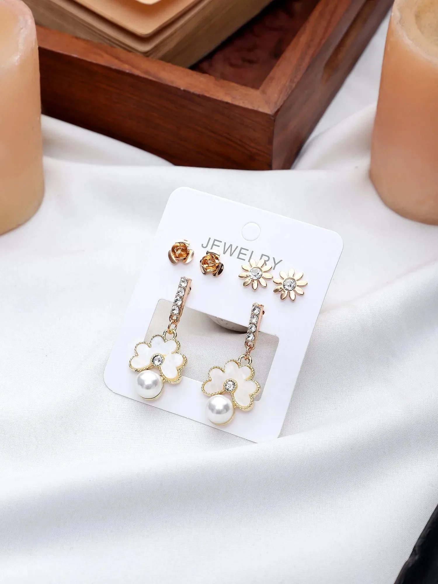 Gold Plated Luxury Collection Party Wear Stunning Simulated Flower Earrings Set Cubic Zirconia Alloy Stud Earring - Pair Of 3