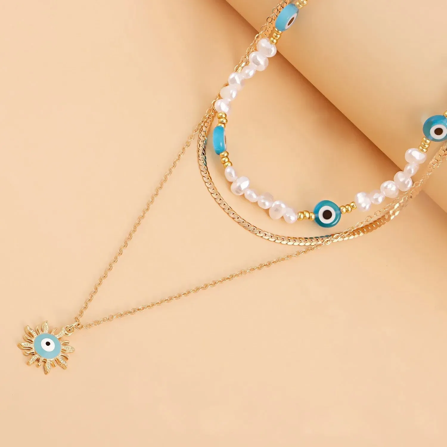 Gold Plated Multiple Blue Evil Eye With Sunflower Charm Necklace Alloy Necklace