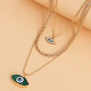 Gold Plated Stone Decor Green Evil Eye Multi-Layered Necklace Alloy Necklace