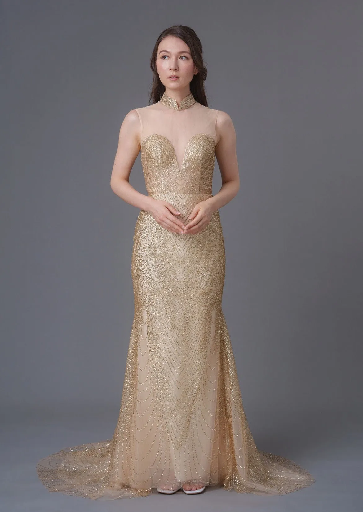 Golden Daffodil Mermaid Bridal Qipao