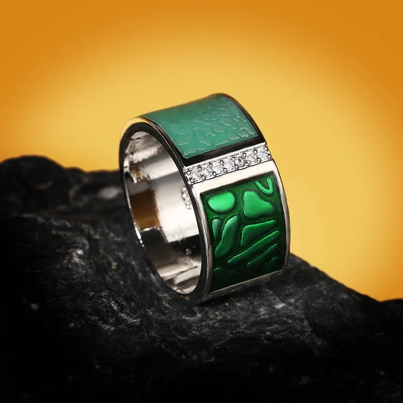 Green Geometric Enamel Ring for Women with Zircon in 925 Sterling Silver