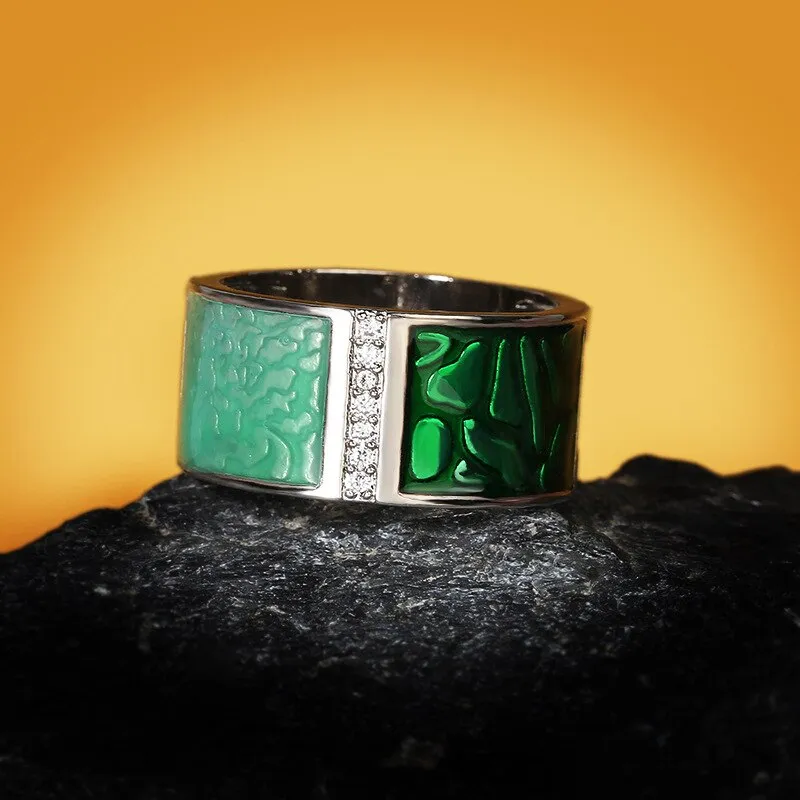 Green Geometric Enamel Ring for Women with Zircon in 925 Sterling Silver