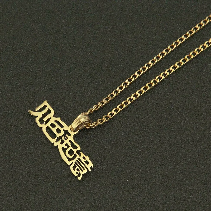 Hip Hop Jewelry Chinese Character Pendant Necklaces for Women in Gold Color