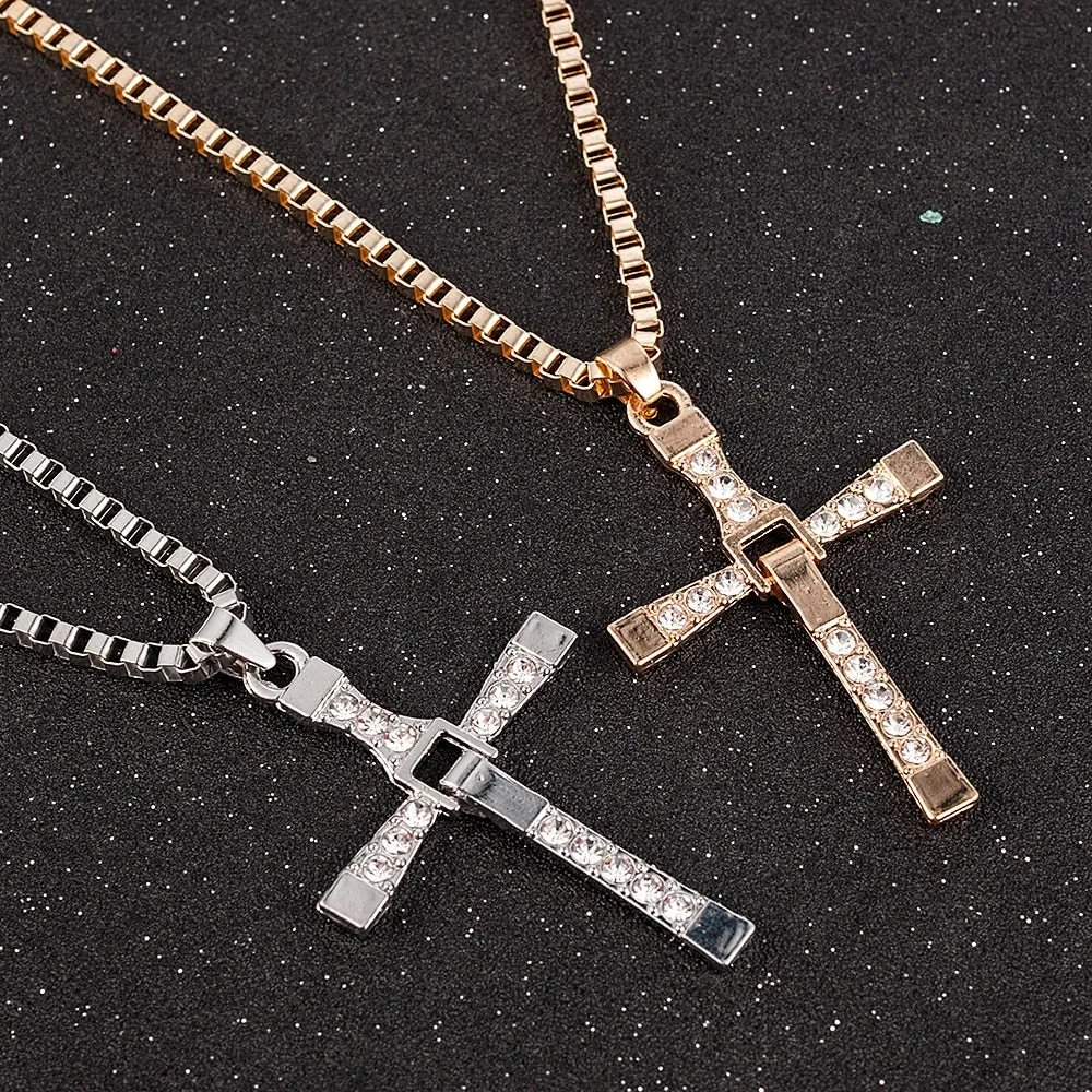 Hip Hop Jewelry Creative Design Cross Pendant Necklace with Rhinestone in Gold Color