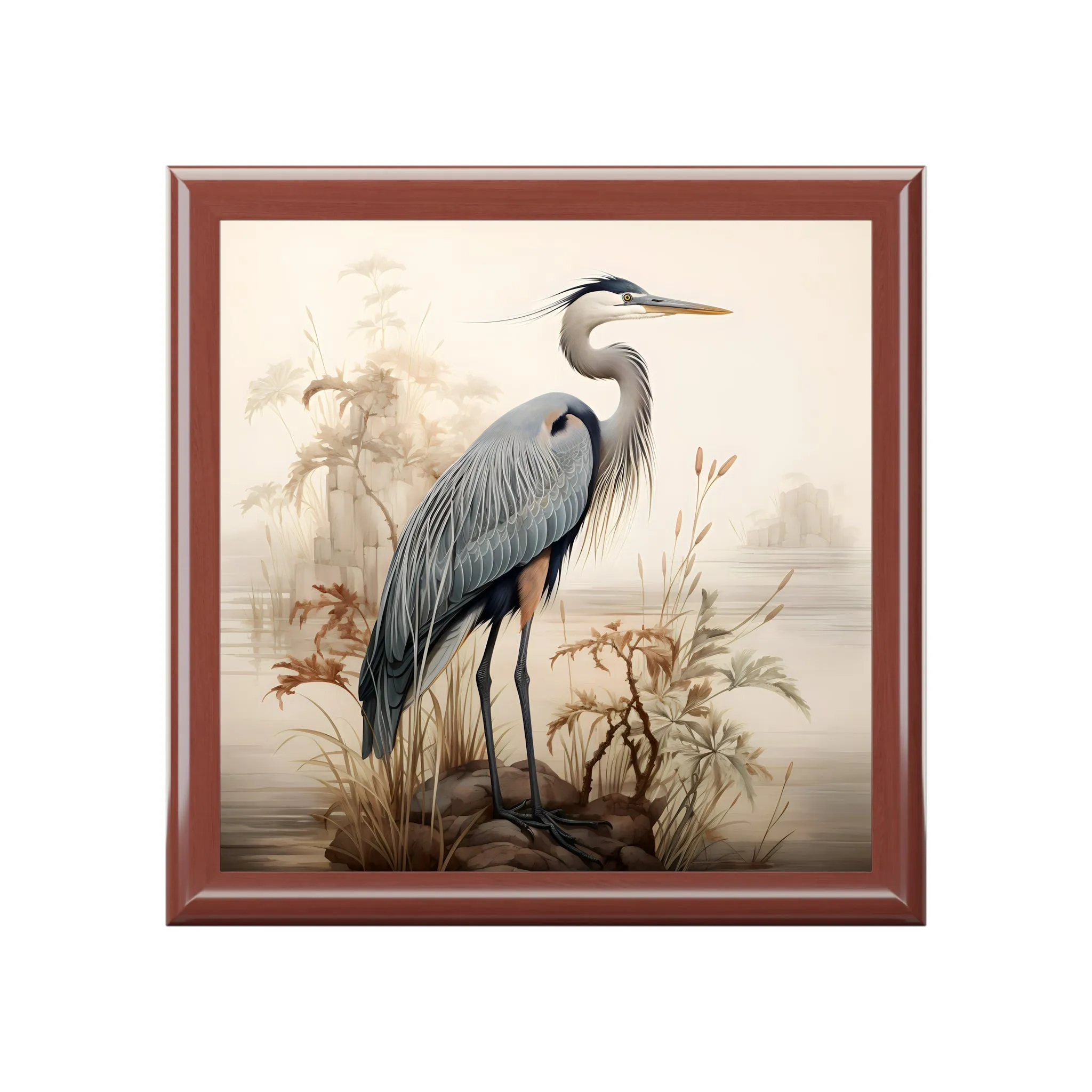 Japandi Style Great Blue Heron Misty Morning Artwork Gift and Jewelry Box