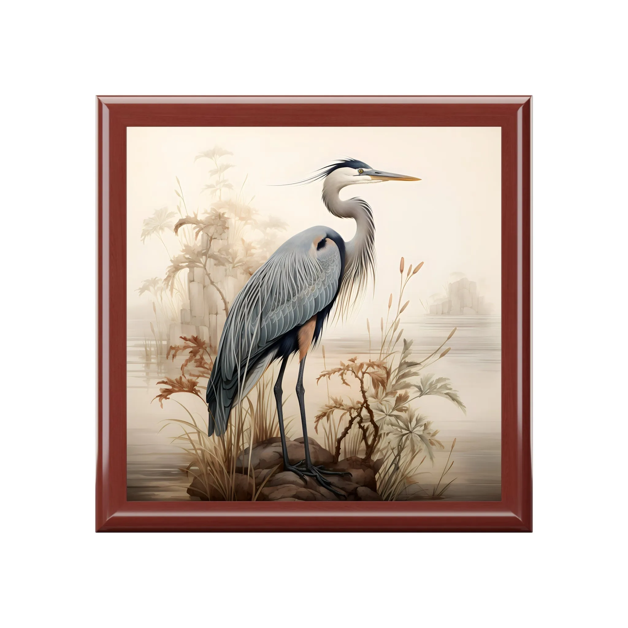 Japandi Style Great Blue Heron Misty Morning Artwork Gift and Jewelry Box