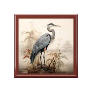 Japandi Style Great Blue Heron Misty Morning Artwork Gift and Jewelry Box