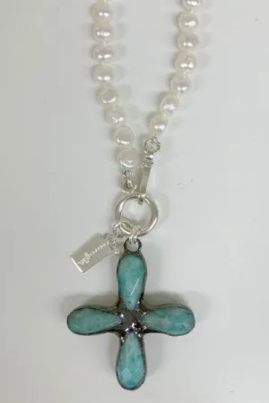 Kylie Pearl Necklace | Artisan Amazonite Cross & Freshwater Pearl Necklace | By Pearly Girls