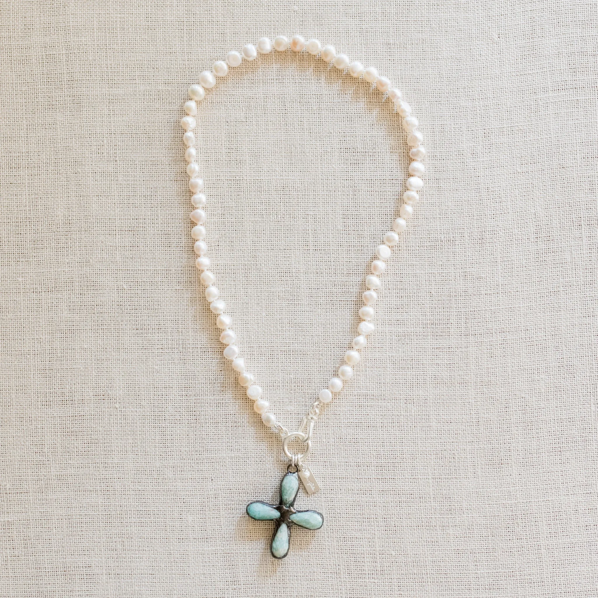 Kylie Pearl Necklace | Artisan Amazonite Cross & Freshwater Pearl Necklace | By Pearly Girls