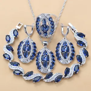 Luxurious Big Jewelry Sets Silver Color With Natural Stone CZ Blue AAA  Wedding Accessories Dangle Earrings/Bracelet Ring