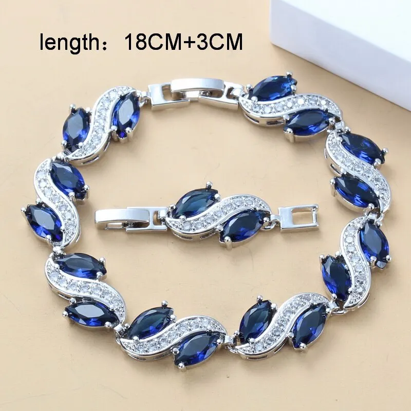 Luxurious Big Jewelry Sets Silver Color With Natural Stone CZ Blue AAA  Wedding Accessories Dangle Earrings/Bracelet Ring