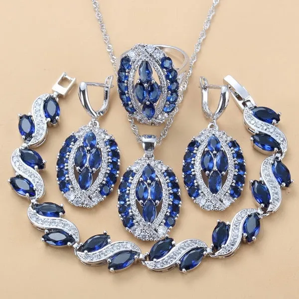 Luxurious Big Jewelry Sets Silver Color With Natural Stone CZ Blue AAA  Wedding Accessories Dangle Earrings/Bracelet Ring