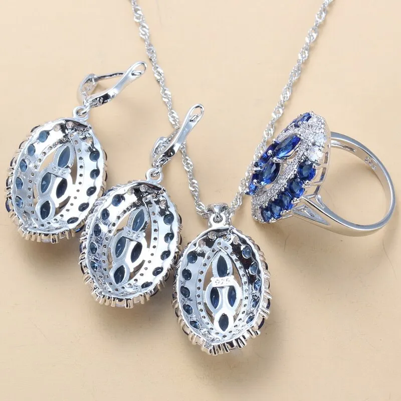 Luxurious Big Jewelry Sets Silver Color With Natural Stone CZ Blue AAA  Wedding Accessories Dangle Earrings/Bracelet Ring