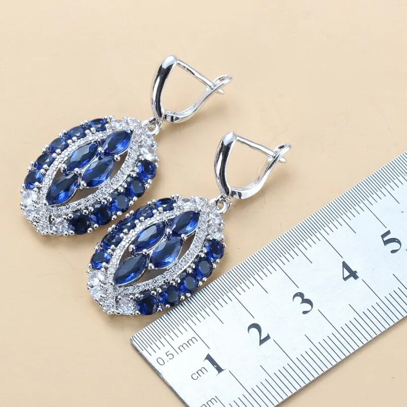 Luxurious Big Jewelry Sets Silver Color With Natural Stone CZ Blue AAA  Wedding Accessories Dangle Earrings/Bracelet Ring