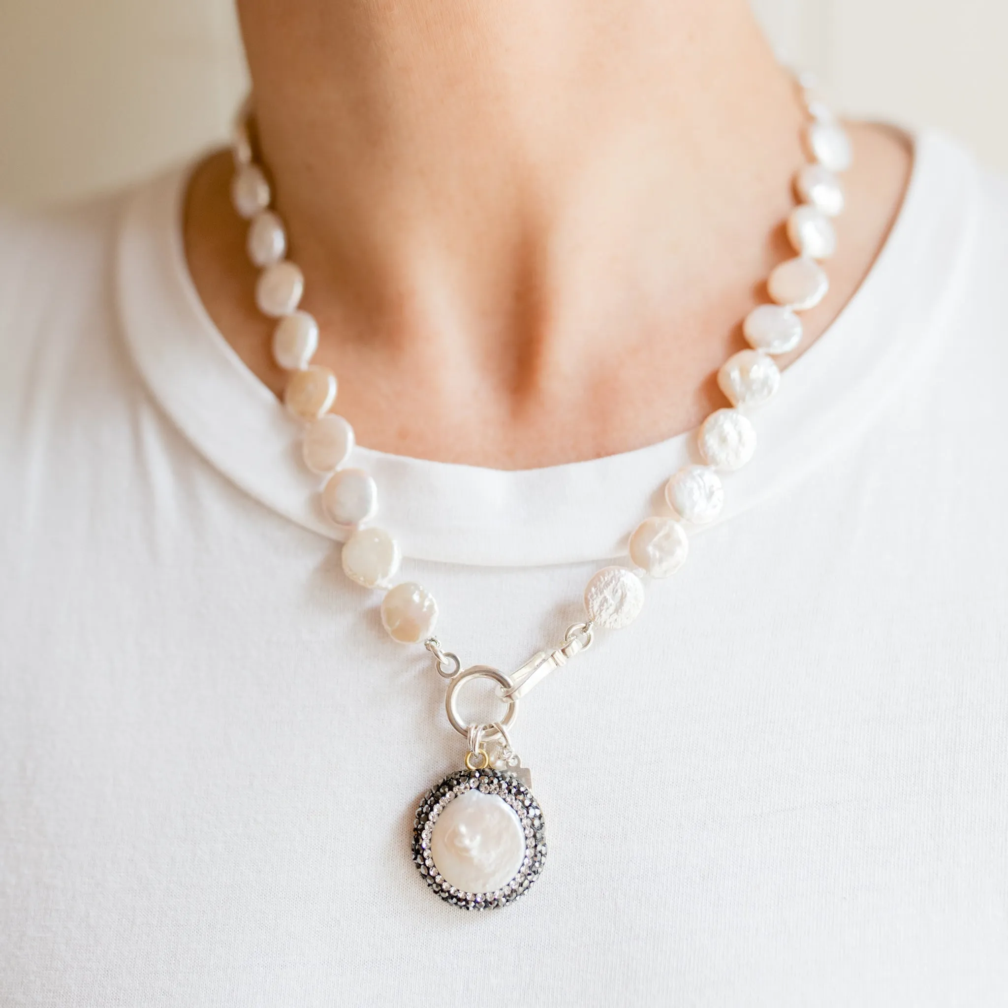 Pearly Girls Classic Necklace | Coin Pearl with Marcasite Pendant | By Pearly Girls