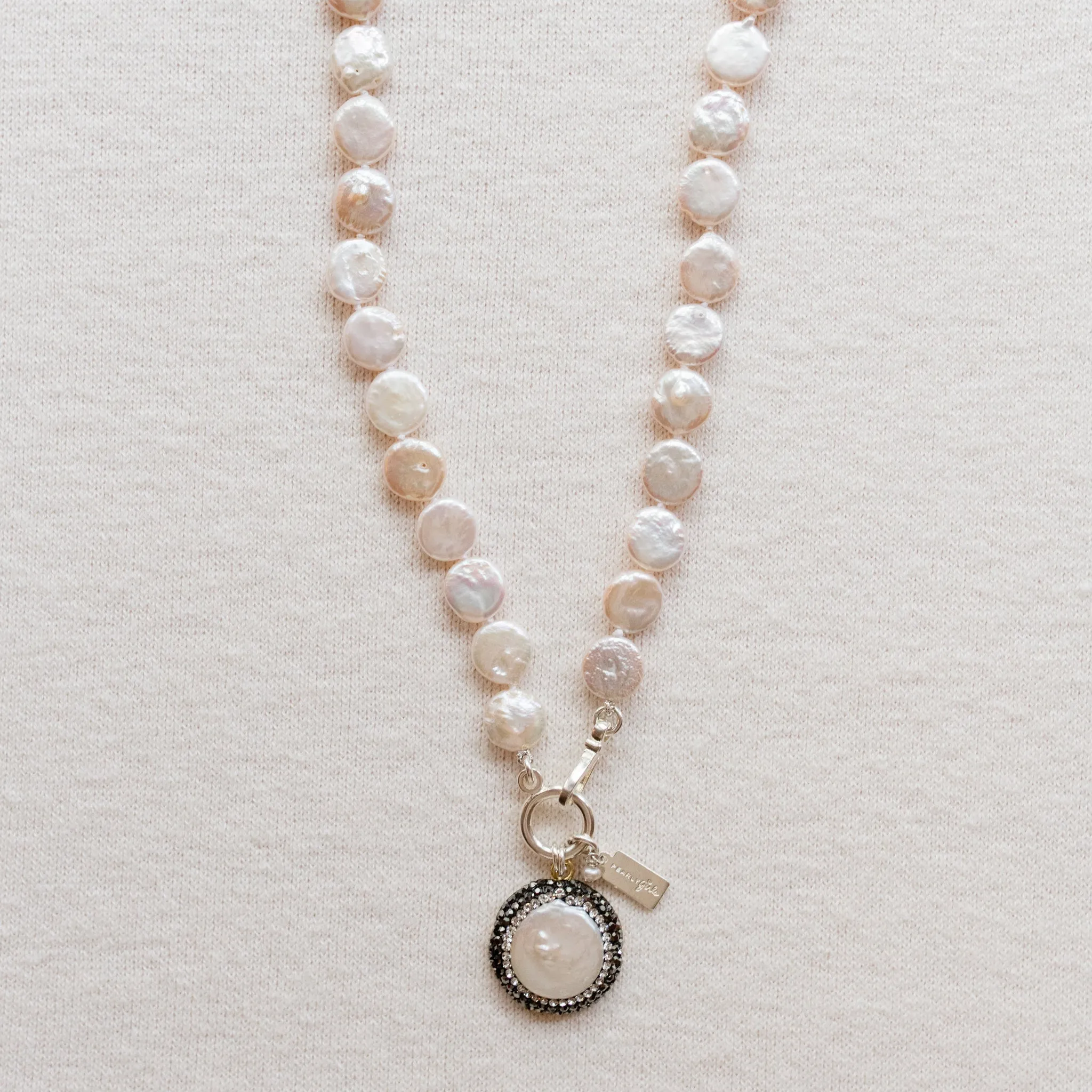 Pearly Girls Classic Necklace | Coin Pearl with Marcasite Pendant | By Pearly Girls