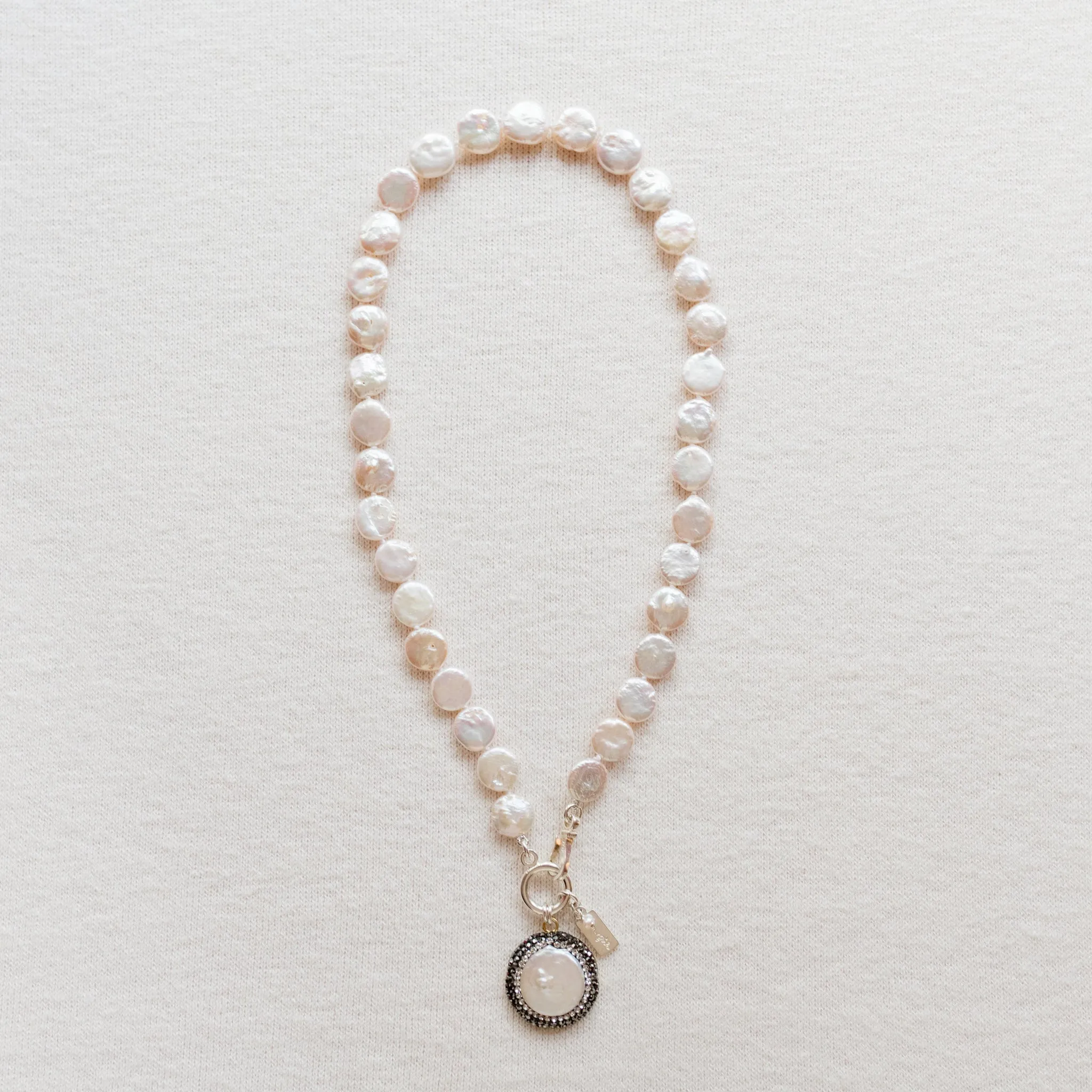 Pearly Girls Classic Necklace | Coin Pearl with Marcasite Pendant | By Pearly Girls