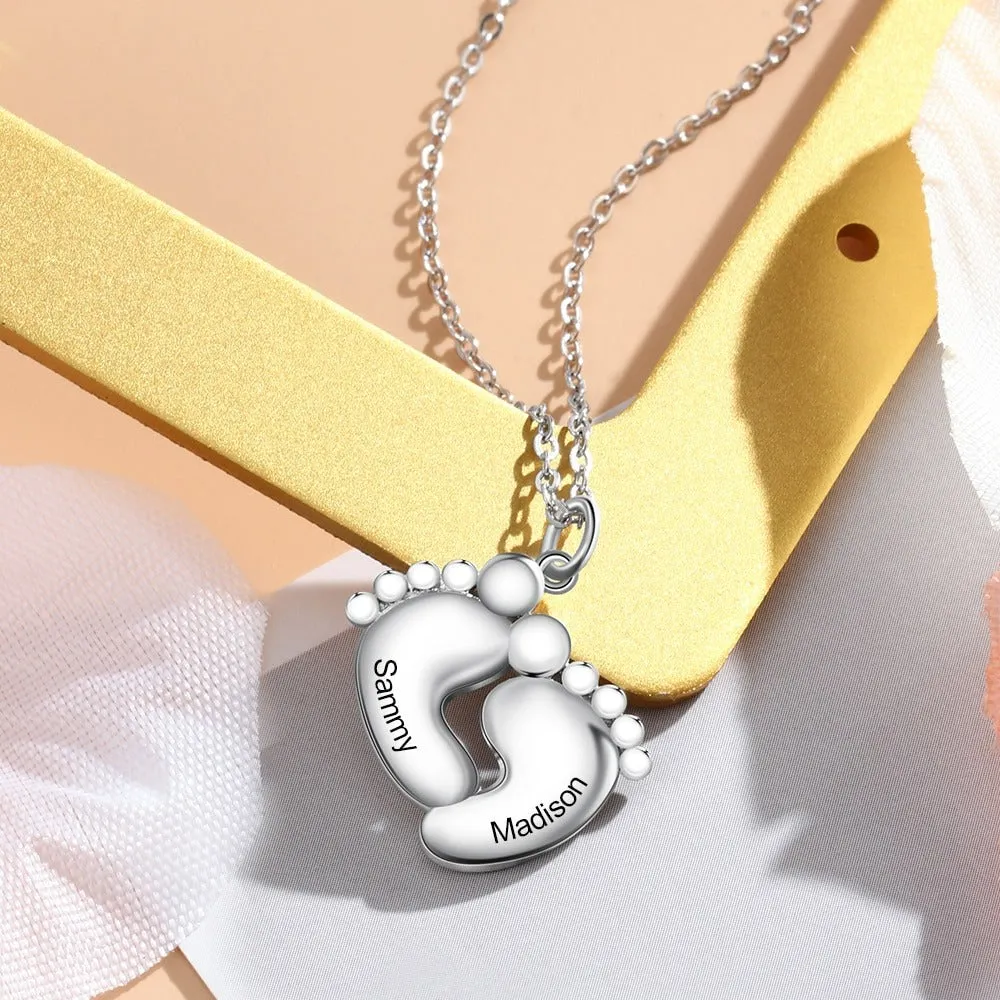 Personalized Baby Footprint 2 Names Engraved Necklace