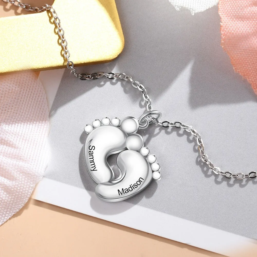 Personalized Baby Footprint 2 Names Engraved Necklace