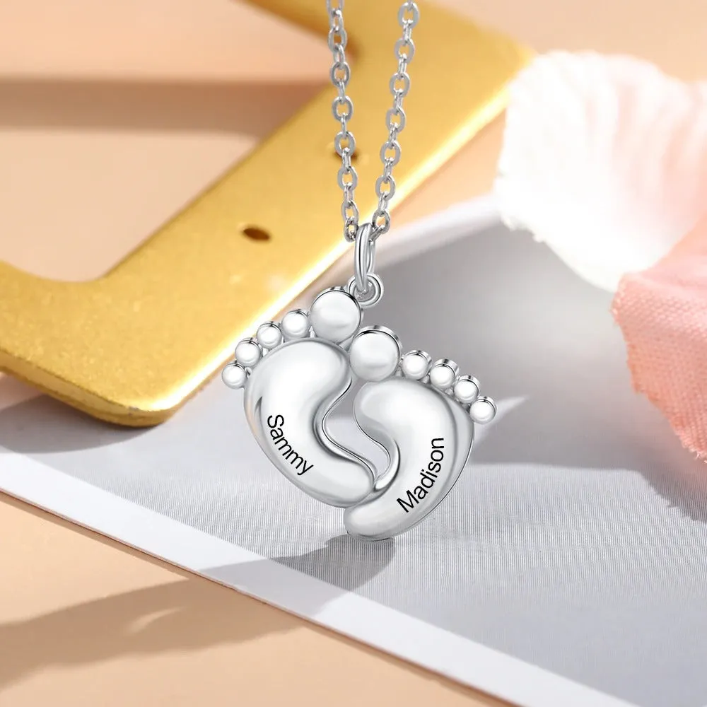 Personalized Baby Footprint 2 Names Engraved Necklace