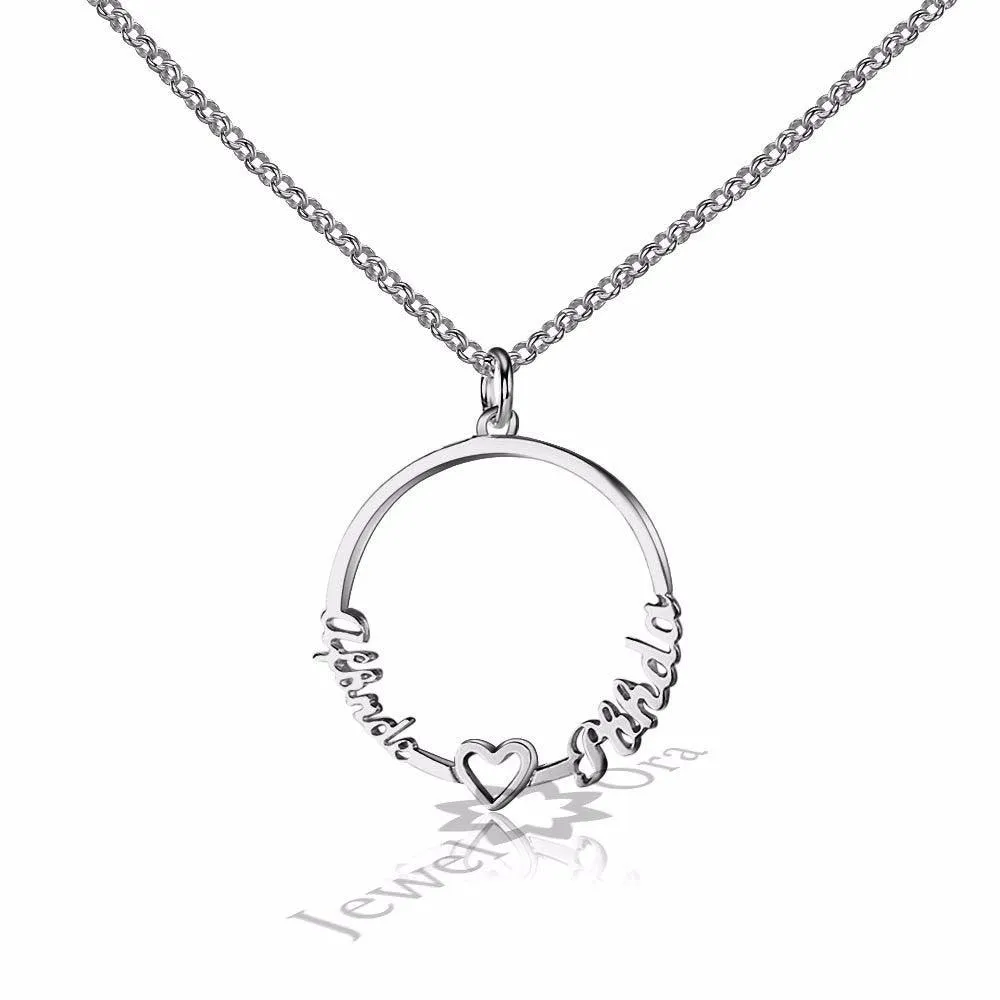 Plated Silver Jewelry- Silver Jewelry for Women- 2-Name Customizable Silver Jewelry- Beautiful Circle Necklace with Heart