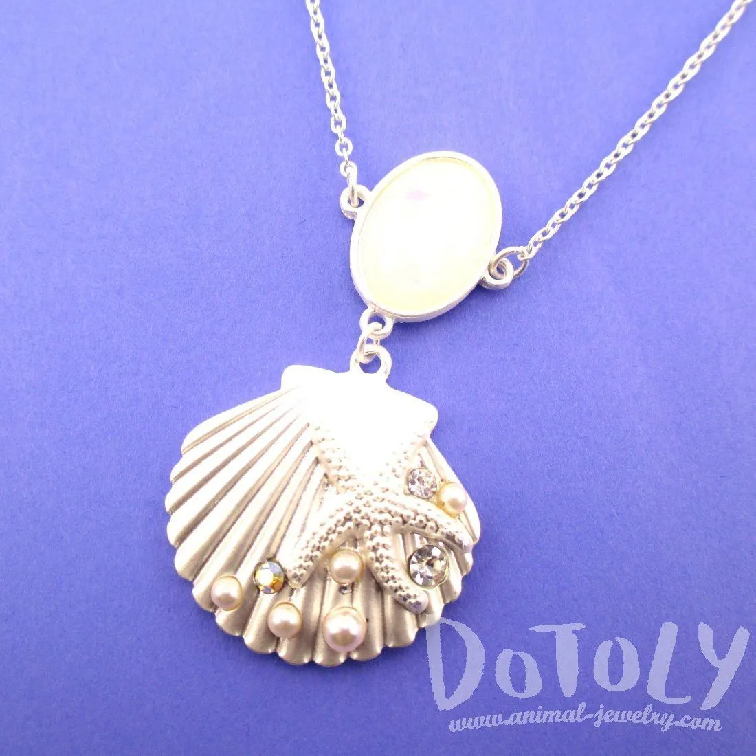 Seashell Starfish Ocean Inspired Mermaid Jewelry Pendant Necklace in Silver