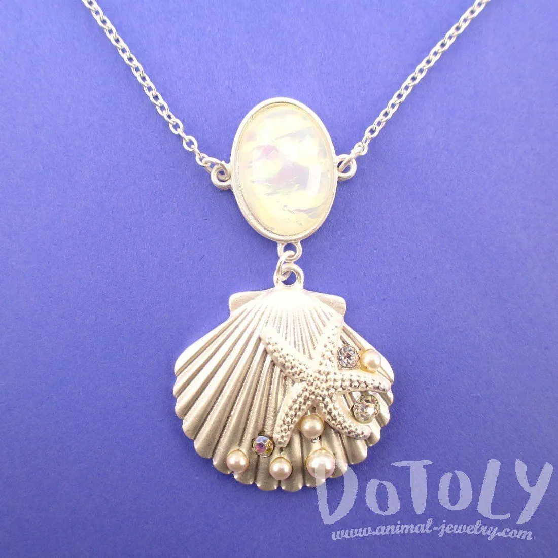 Seashell Starfish Ocean Inspired Mermaid Jewelry Pendant Necklace in Silver