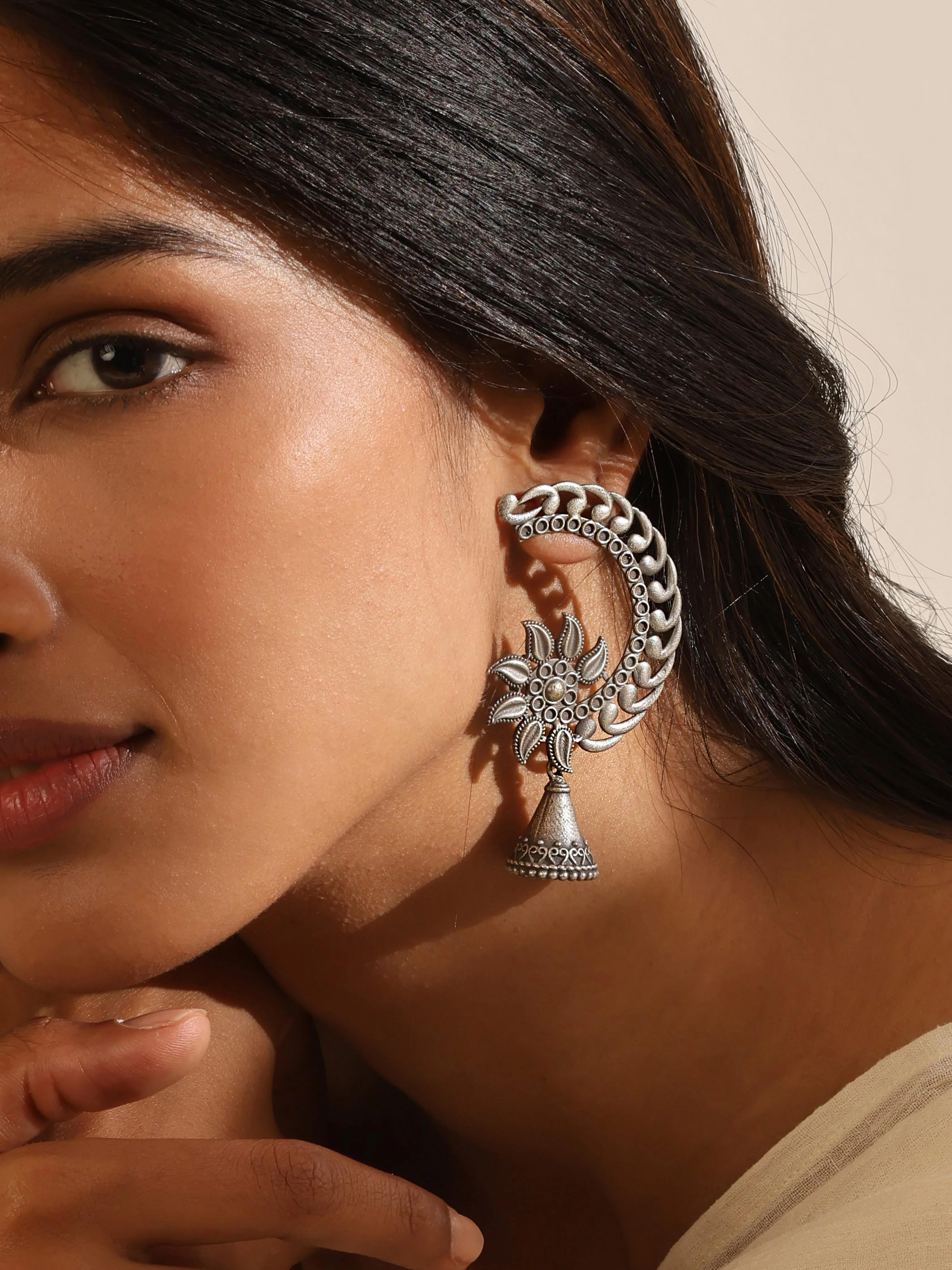 Silver-Plated Crescent Jhumka Earrings